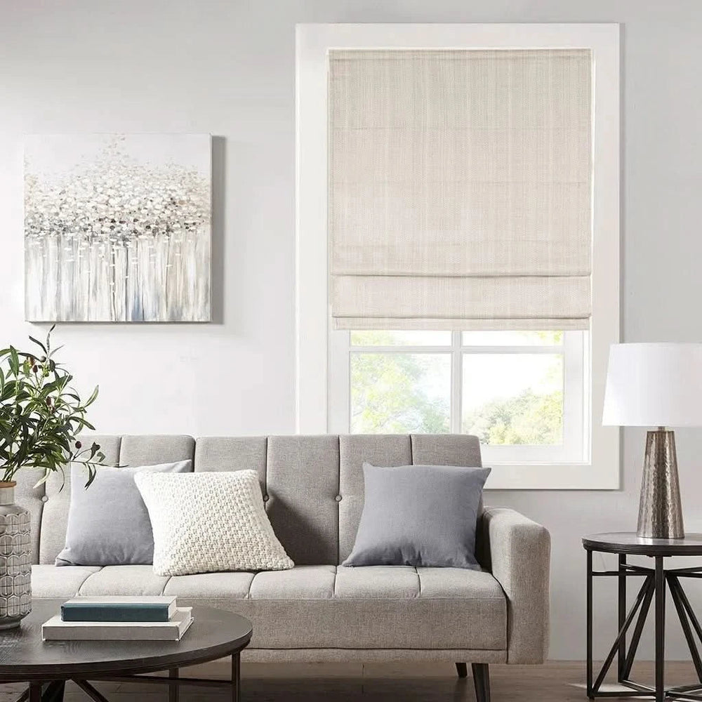 Room Darkening Roman Shade Ivory Textured Basketweave Polyester Cordless Media 1