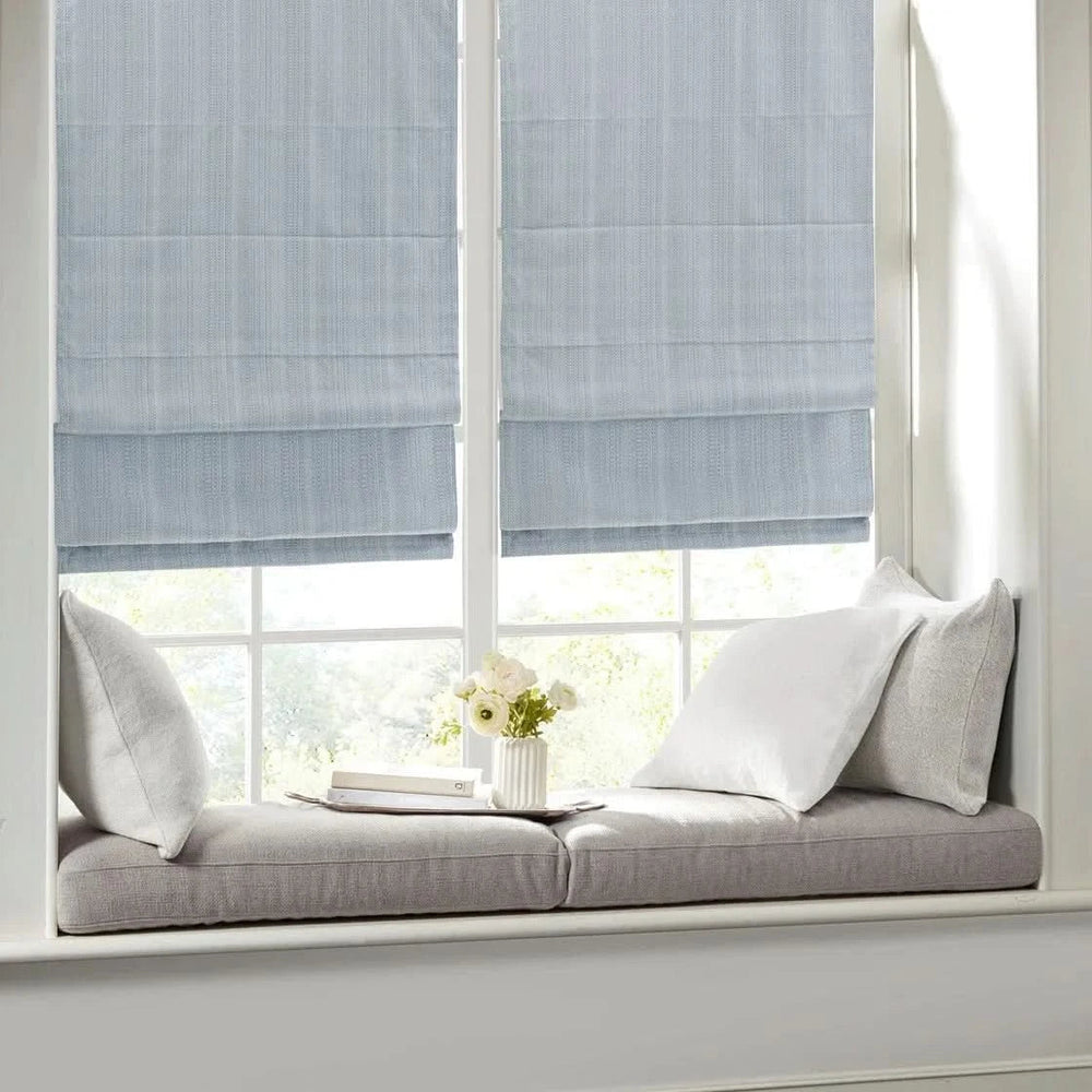 Roman Shade Cordless Room Darkening Blue Polyester Basketweave Pattern Media 11