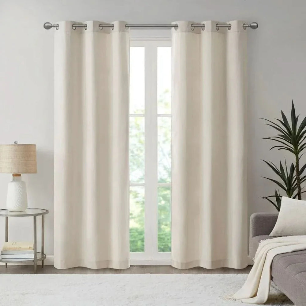 Room Darkening Curtains Polyester Basketweave Pattern Pair 84x40 Ivory Media 1
