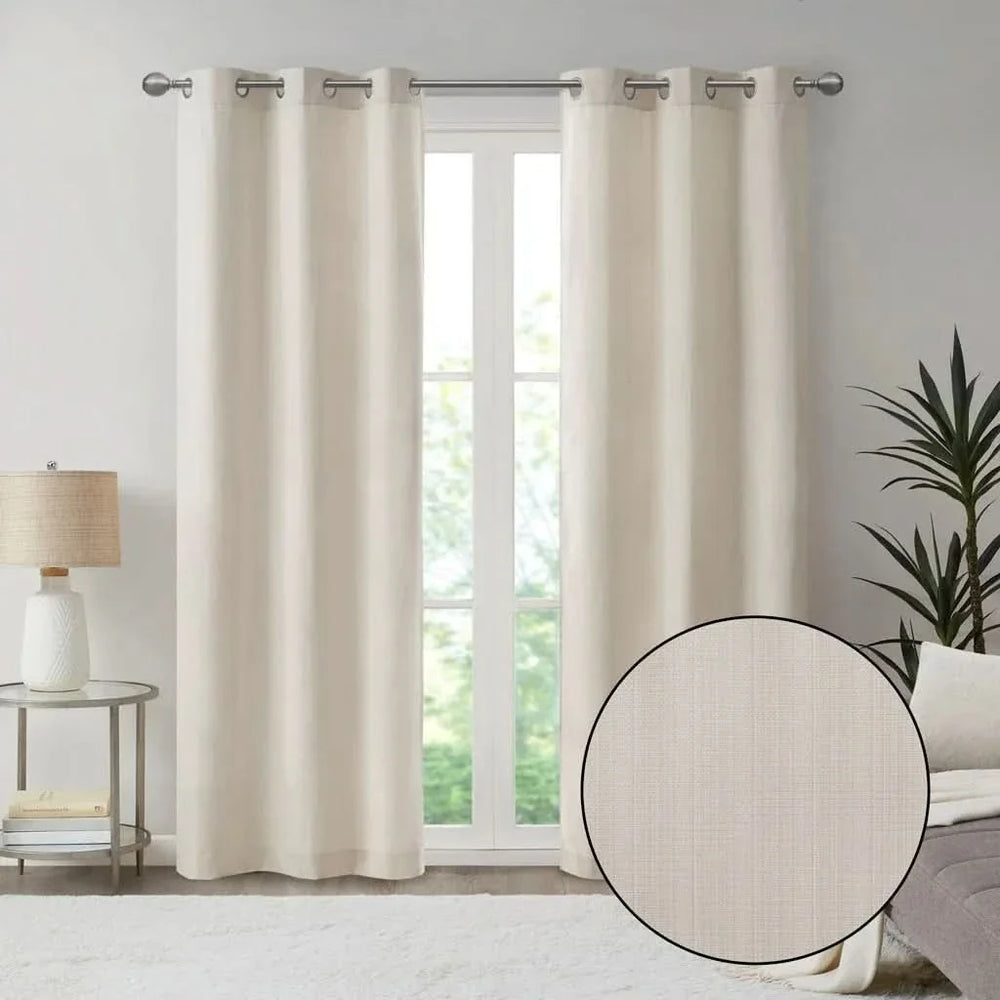 Room Darkening Curtains Polyester Basketweave Pattern Pair 84x40 Ivory Media 2