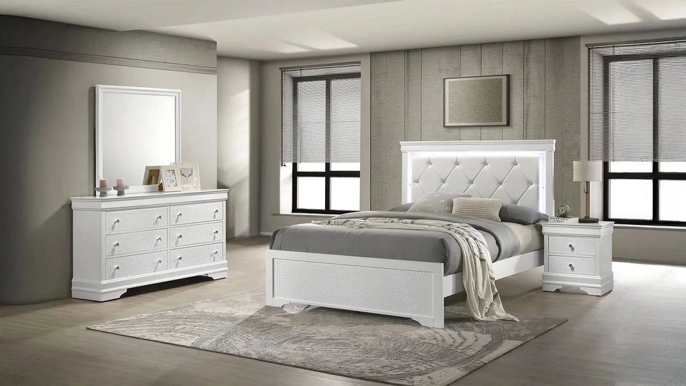 Queen Bedroom Set Upholstered Headboard Wood LED Lighting Modern Design Media 1