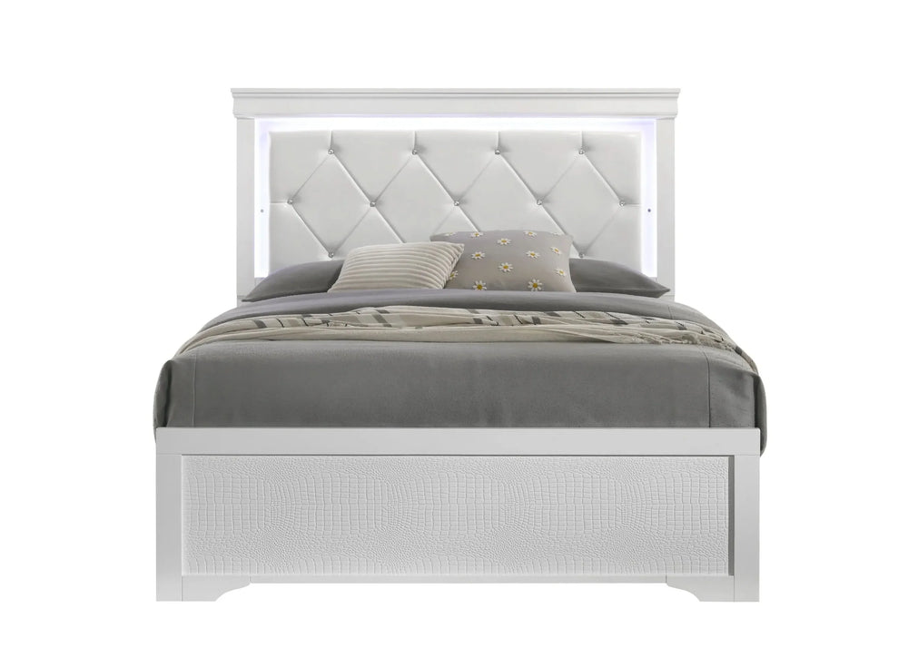 Queen Bedroom Set Upholstered Headboard Wood LED Lighting Modern Design Media 7