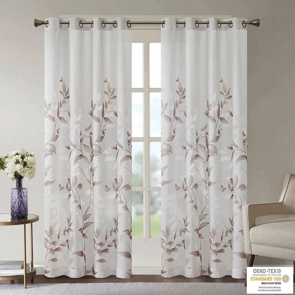 Curtain Panel Polyester Burnout Botanical Print White & Multi Modern Media 1
