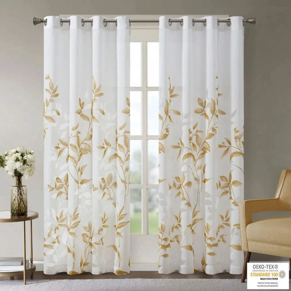 Curtain Panel Polyester Burnout Print Botanical Ivory & Gold Modern Media 11