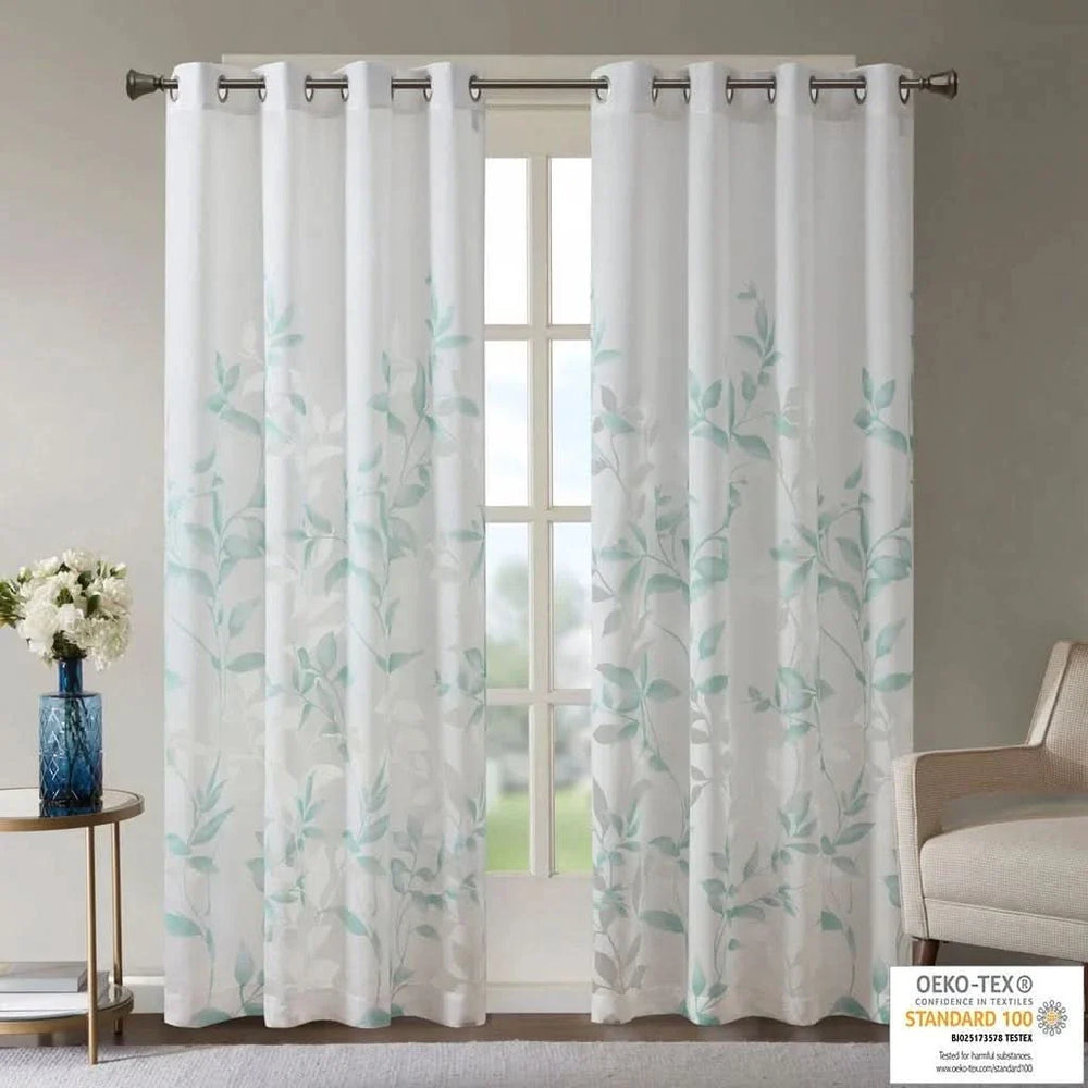 Botanical Burnout Curtain Panel Polyester White & Blue Leaves Print Media 10