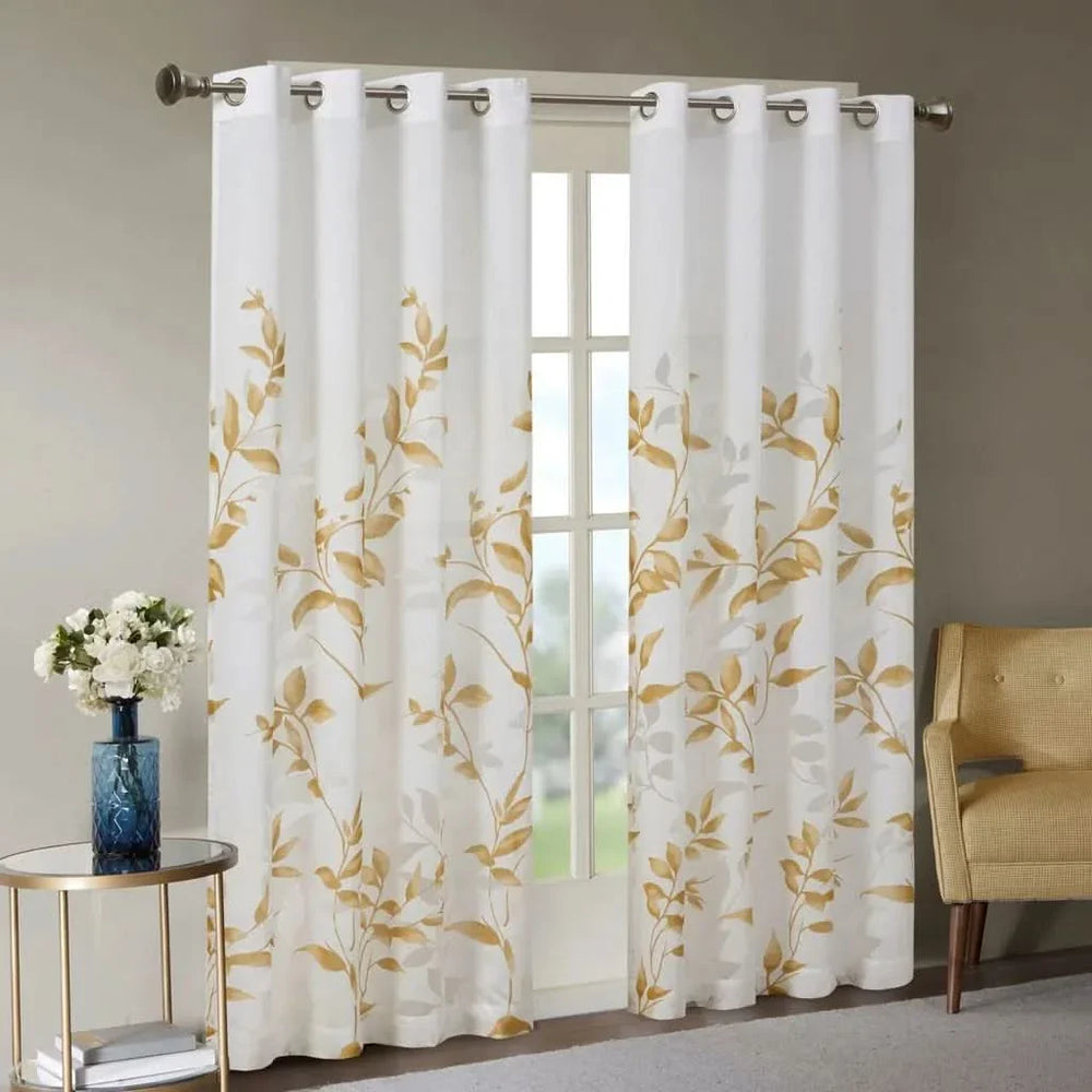 Curtain Panel Polyester Burnout Print Botanical Ivory & Gold Modern Media 3