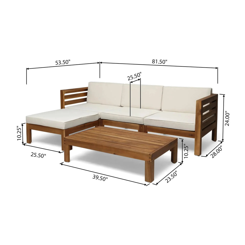 Cambridge L Shape Sofa Set with Ottoman and Table, Beige, Acacia Wood, Water Resistant Cushions - DTY Store