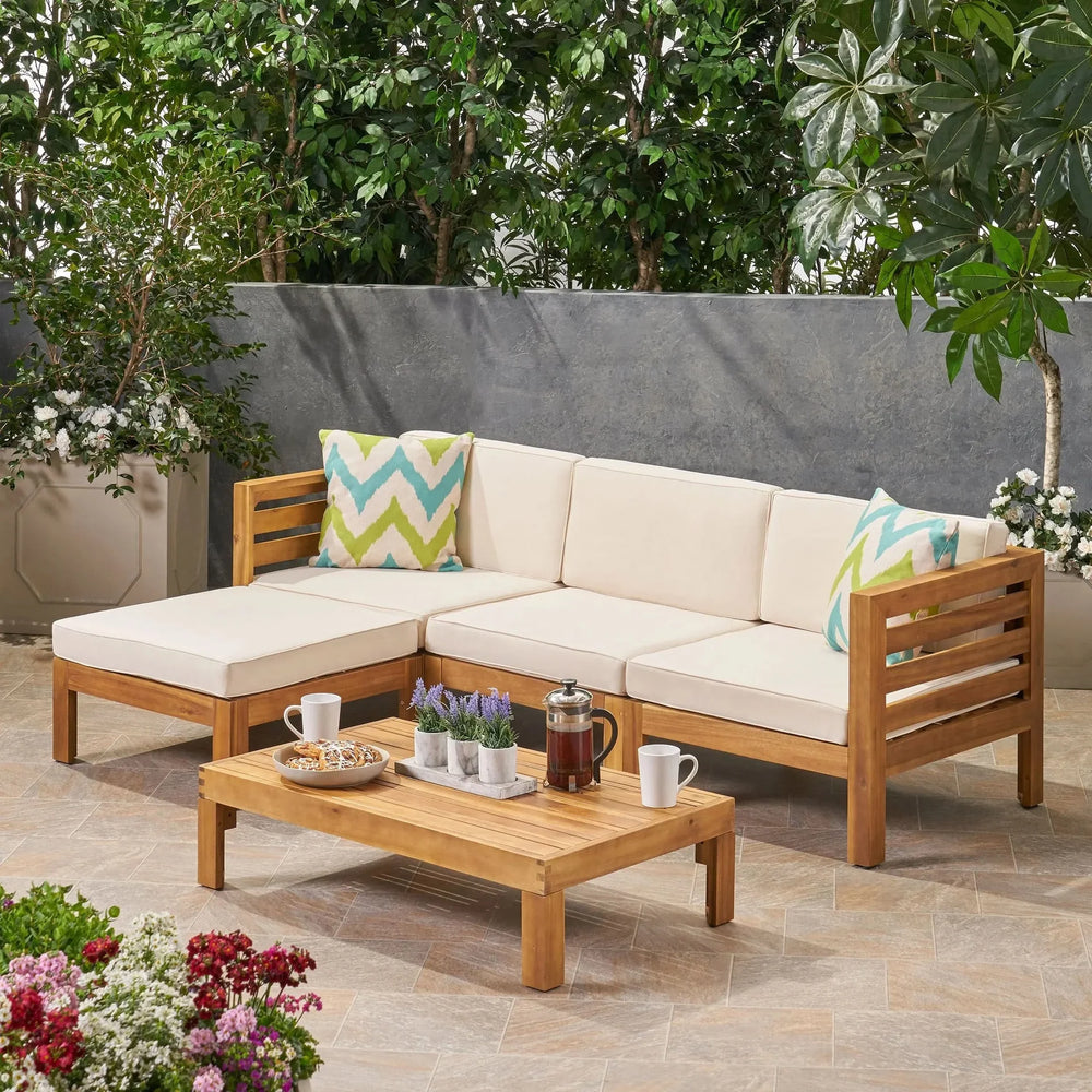 Acacia Wood Outdoor Sofa Set Beige Cushions & Ottoman & Table Included Media 8