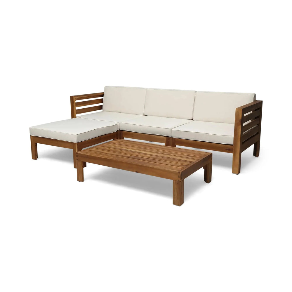 Cambridge L Shape Sofa Set with Ottoman and Table, Beige, Acacia Wood, Water Resistant Cushions - DTY Store