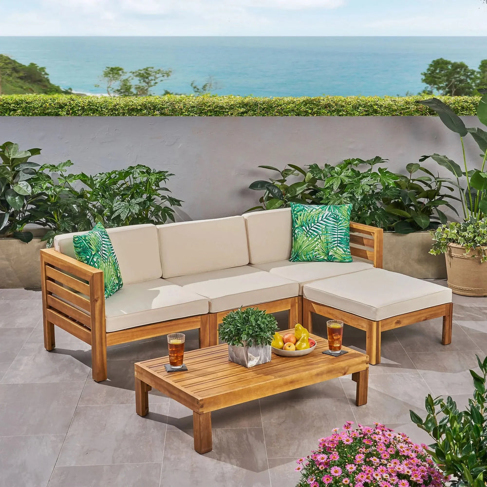 Cambridge L Shape Sofa Set with Ottoman and Table, Beige, Acacia Wood, Water Resistant Cushions - DTY Store