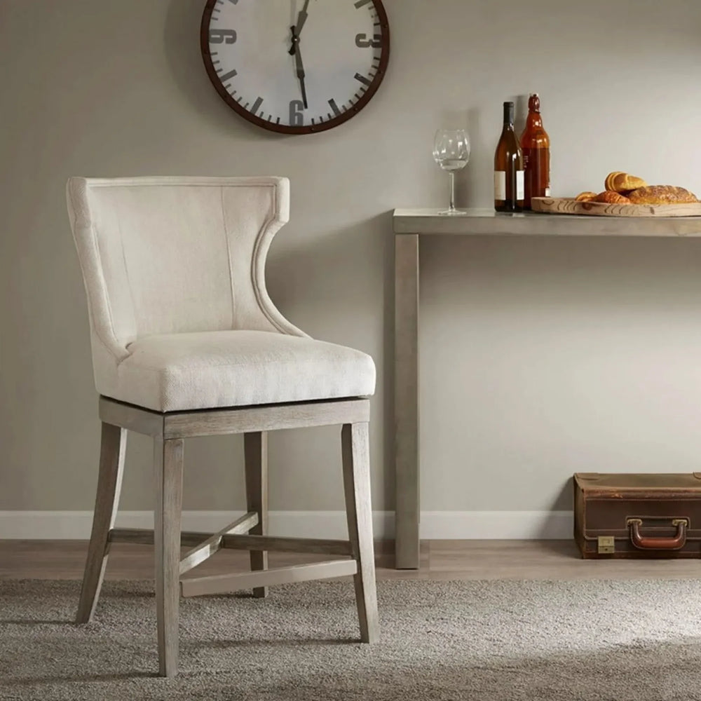 Counter Stool Polyester Upholstery Cream Swivel Seat Wooden Base Frame Media 2