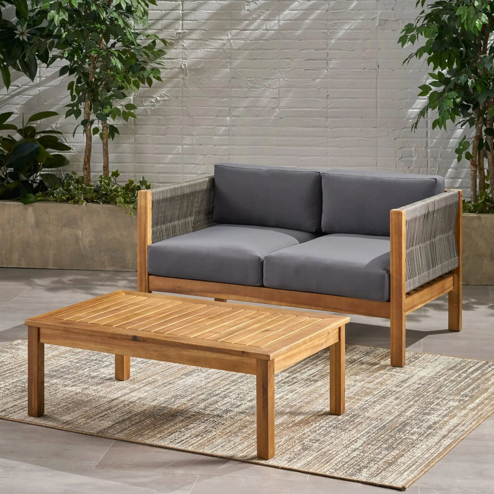 Acacia Wood Outdoor Chat Set Rope Wrapped Teak Color Patio Cushions Media 6