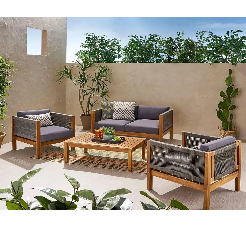 Acacia Wood Outdoor Chat Set Rope Wrapped Teak Color Patio Cushions Media 2
