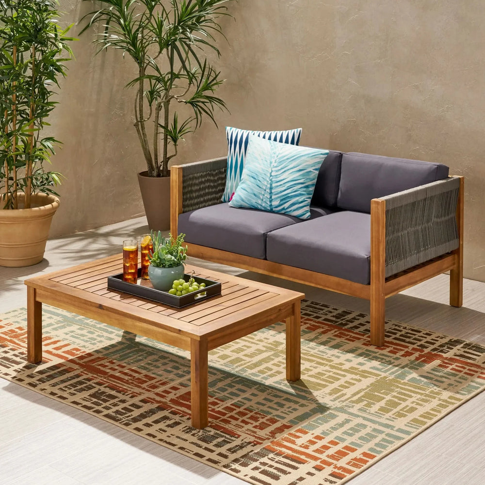 Acacia Wood Outdoor Chat Set Rope Wrapped Teak Color Patio Cushions Media 7