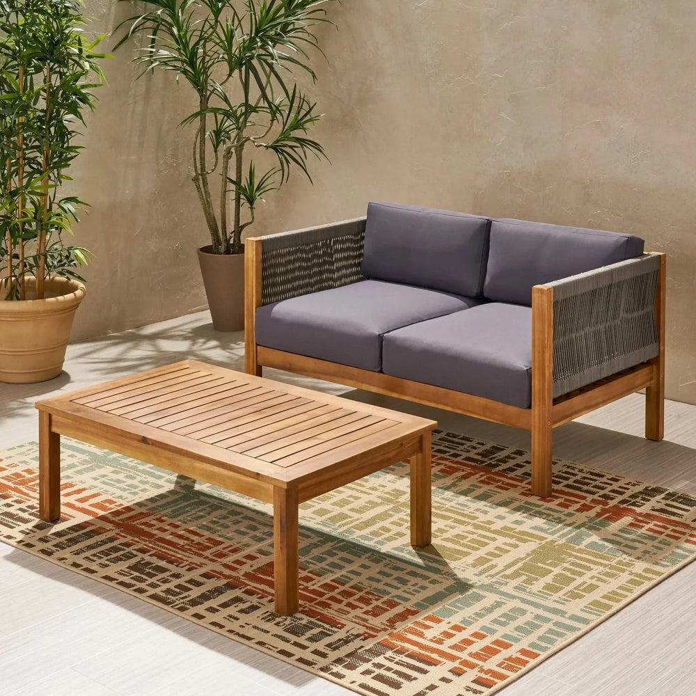 Acacia Wood Outdoor Chat Set Rope Wrapped Teak Color Patio Cushions Media 8