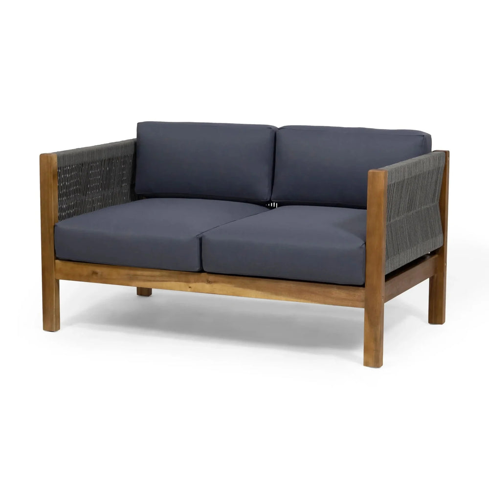 Acacia Wood Outdoor Chat Set Rope Wrapped Teak Color Patio Cushions Media 11