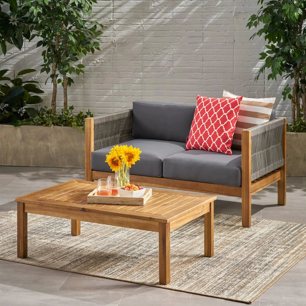 Acacia Wood Outdoor Chat Set Rope Wrapped Teak Color Patio Cushions Media 4