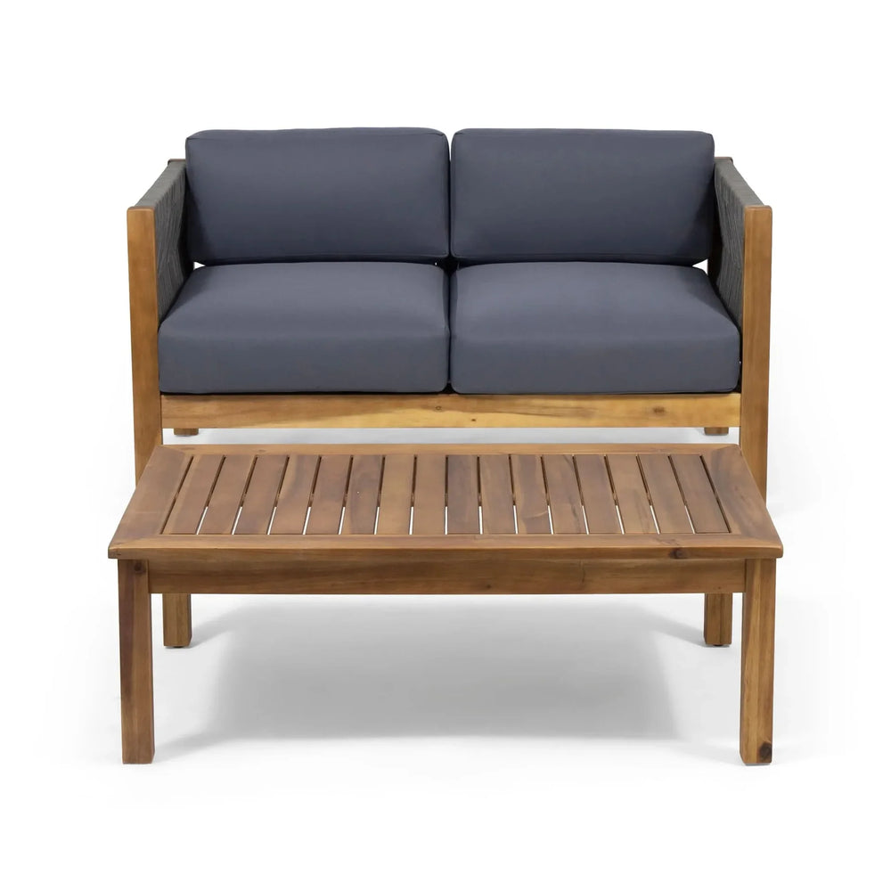 Acacia Wood Outdoor Chat Set Rope Wrapped Teak Color Patio Cushions Media 5