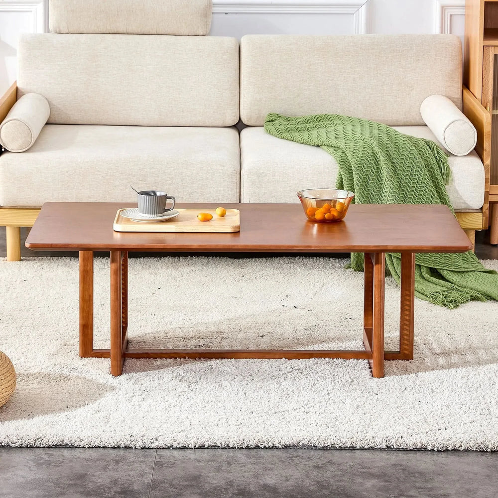 Coffee Table Rubber Wood Walnut Imitation Rattan Panels Rectangular Media 3