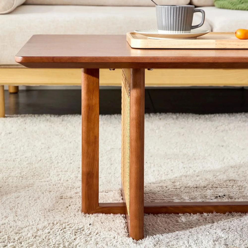 Coffee Table Rubber Wood Walnut Imitation Rattan Panels Rectangular Media 21