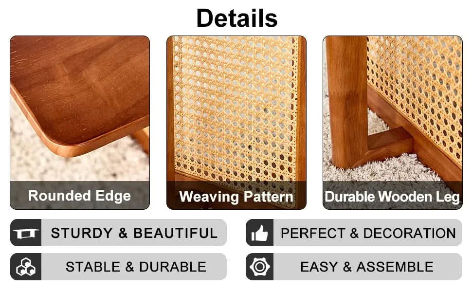 Coffee Table Rubber Wood Walnut Imitation Rattan Panels Rectangular Media 13