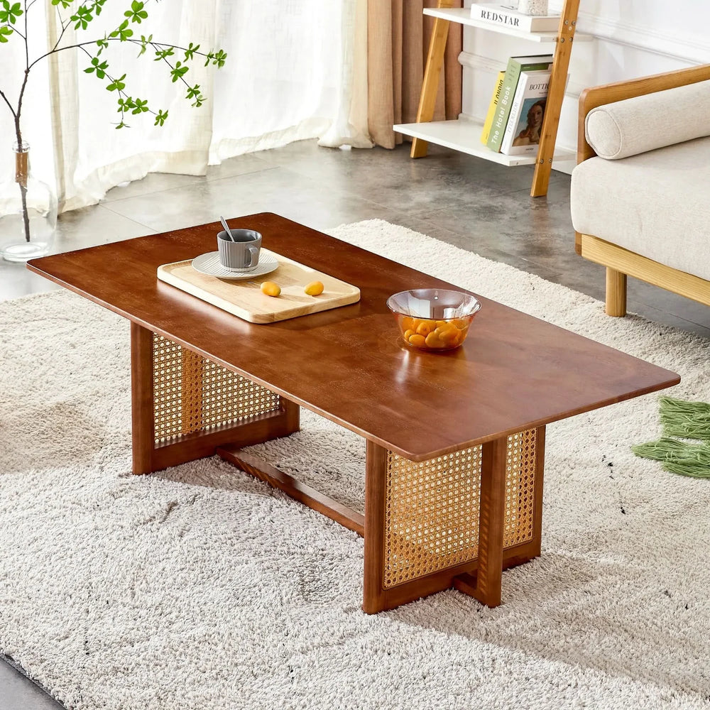 Coffee Table Rubber Wood Walnut Imitation Rattan Panels Rectangular Media 2