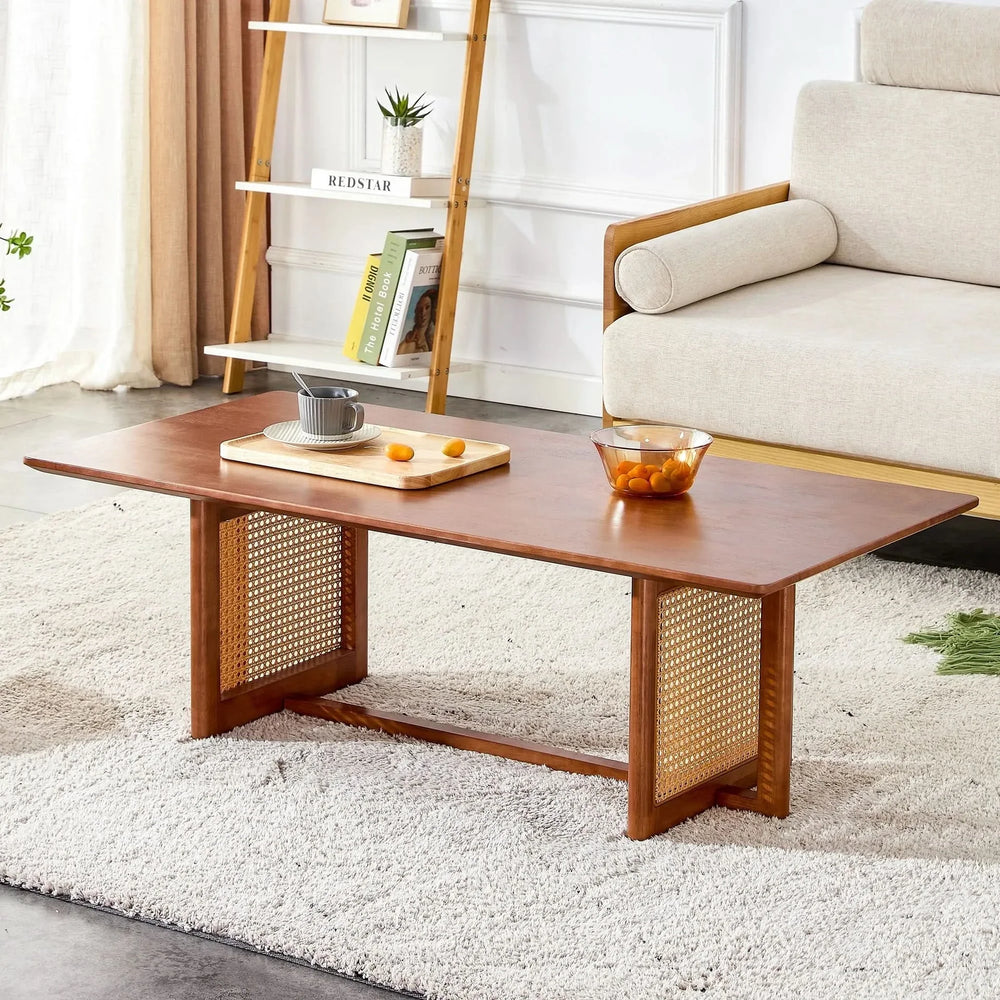 Coffee Table Rubber Wood Walnut Imitation Rattan Panels Rectangular Media 1