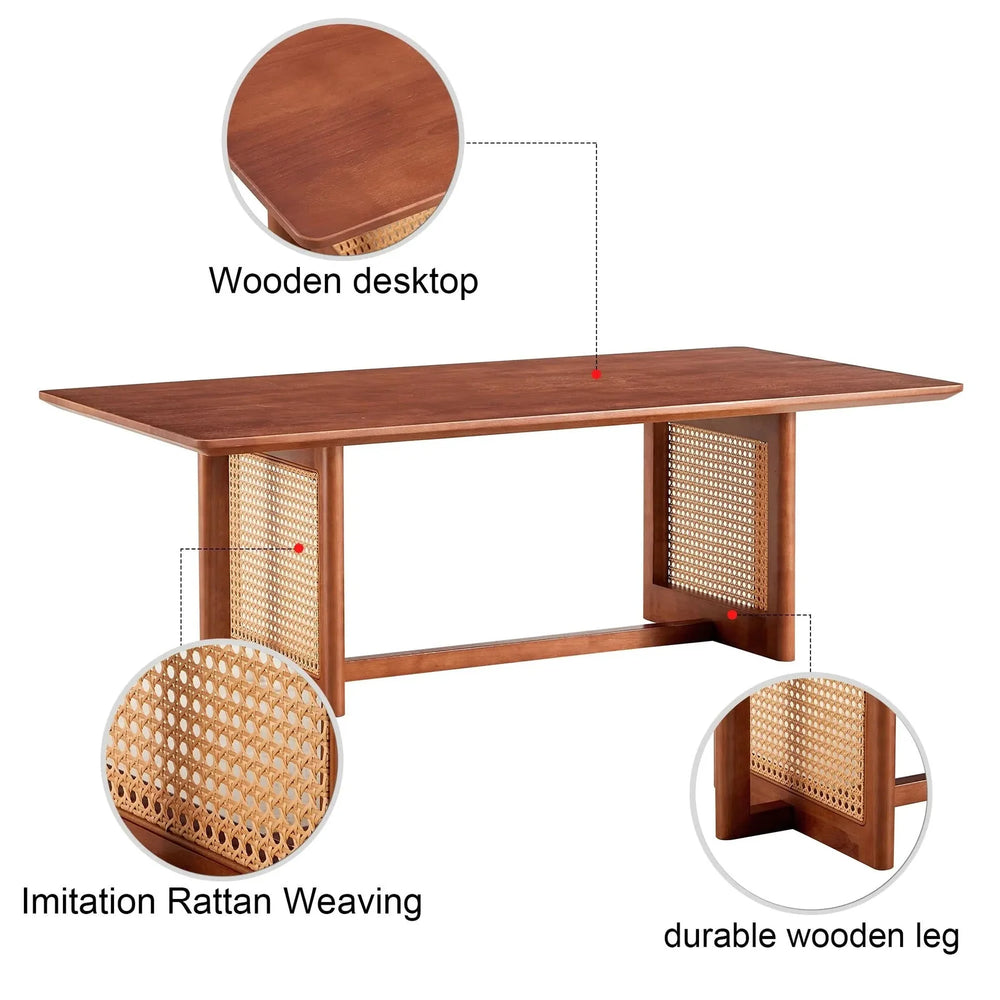 Coffee Table Rubber Wood Walnut Imitation Rattan Panels Rectangular Media 6