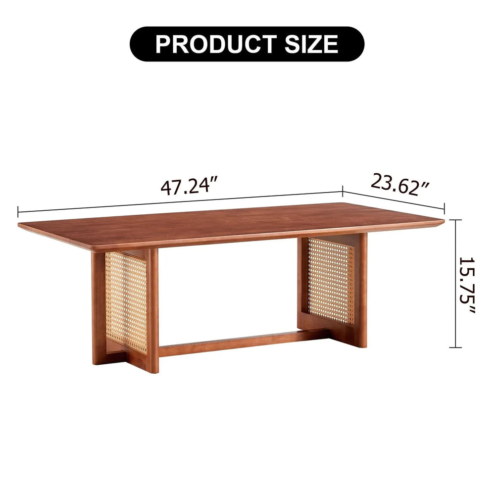 Coffee Table Rubber Wood Walnut Imitation Rattan Panels Rectangular Media 5