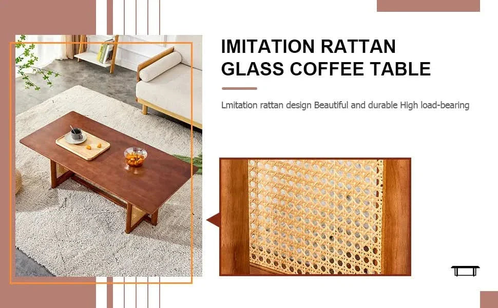 Coffee Table Rubber Wood Walnut Imitation Rattan Panels Rectangular Media 12