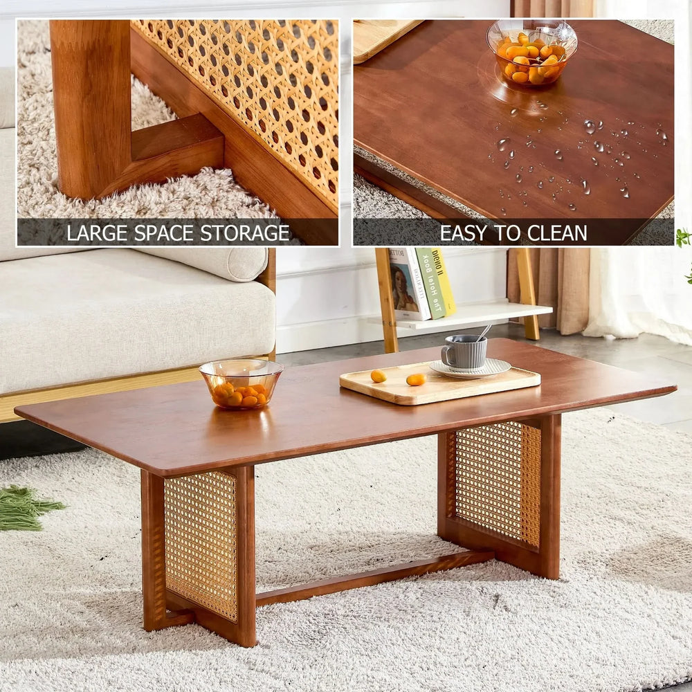 Coffee Table Rubber Wood Walnut Imitation Rattan Panels Rectangular Media 9