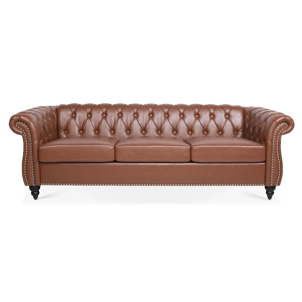 Chesterfield Sofa PU Leather Tufted Rolled Arms Three Seater Birch Legs Media 5