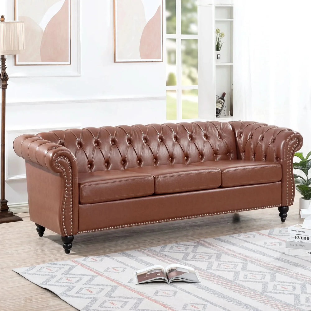 Chesterfield Sofa PU Leather Tufted Rolled Arms Three Seater Birch Legs Media 2