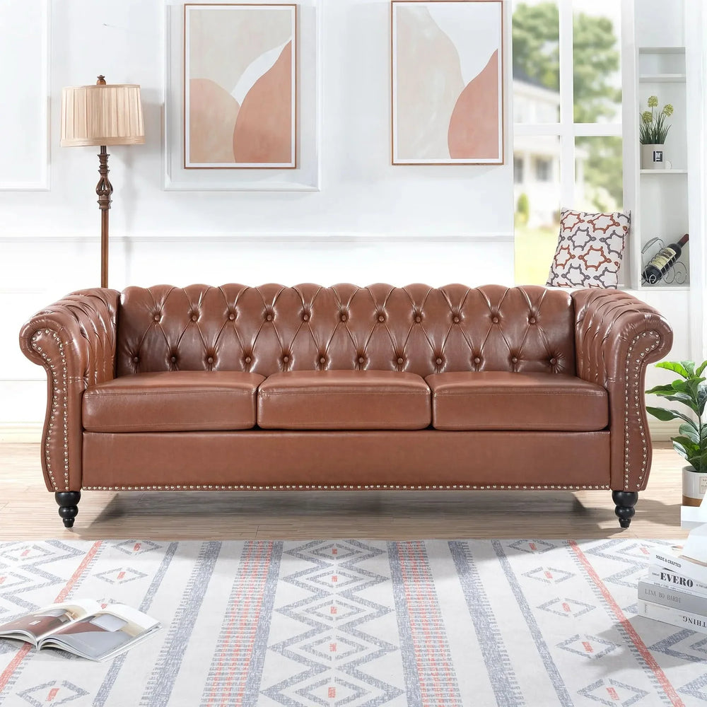 Chesterfield Sofa PU Leather Tufted Rolled Arms Three Seater Birch Legs Media 4