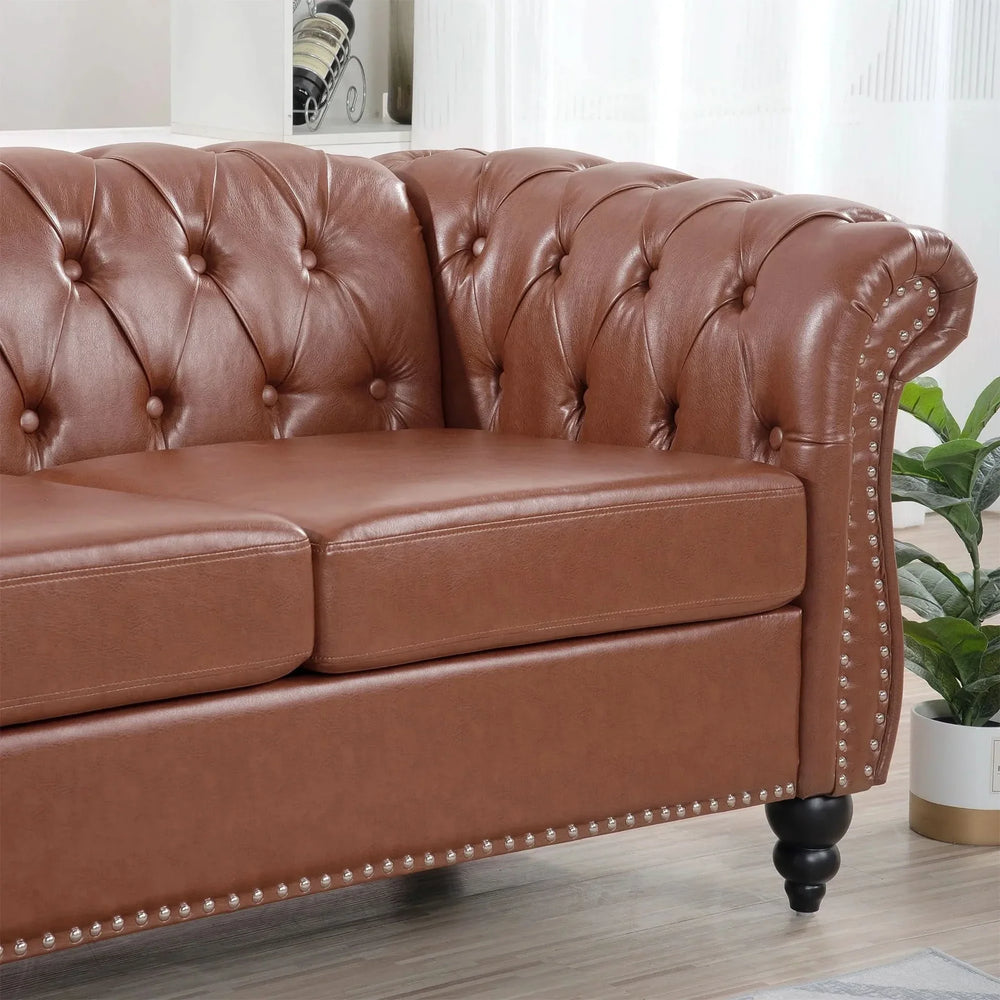 Chesterfield Sofa PU Leather Tufted Rolled Arms Three Seater Birch Legs Media 12