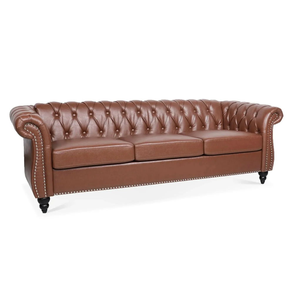 Chesterfield Sofa PU Leather Tufted Rolled Arms Three Seater Birch Legs Media 1