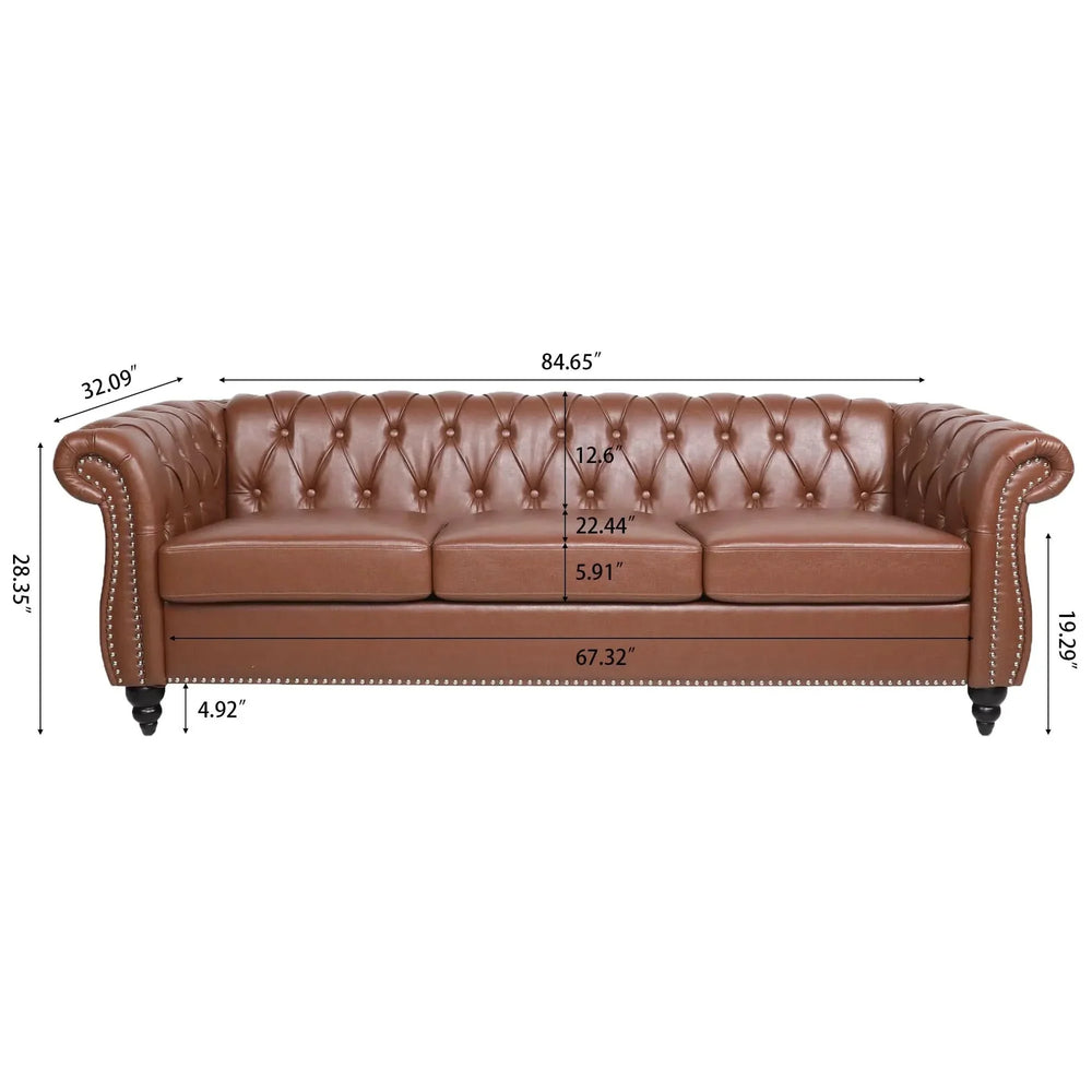 Chesterfield Sofa PU Leather Tufted Rolled Arms Three Seater Birch Legs Media 3