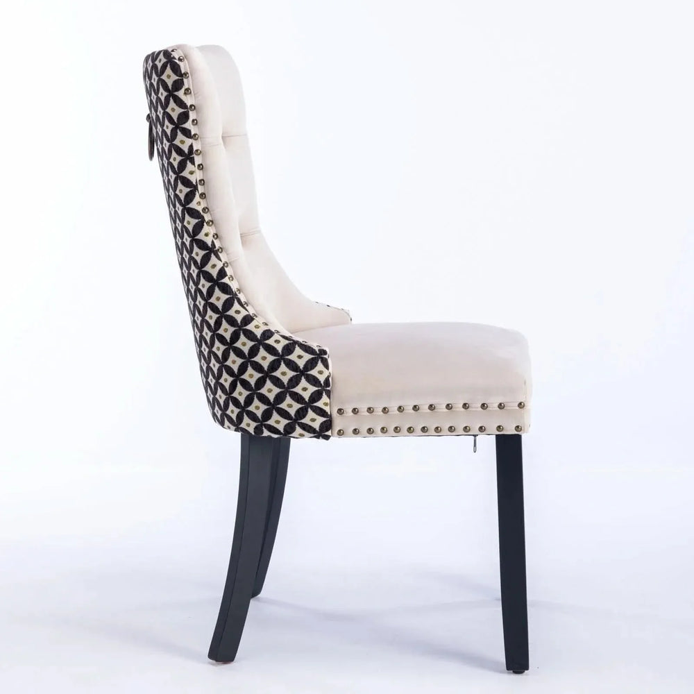 Velvet Dining Chairs Tufted Wood Frame Nailhead Trim Set Of 2 Beige & Patterned Media 5