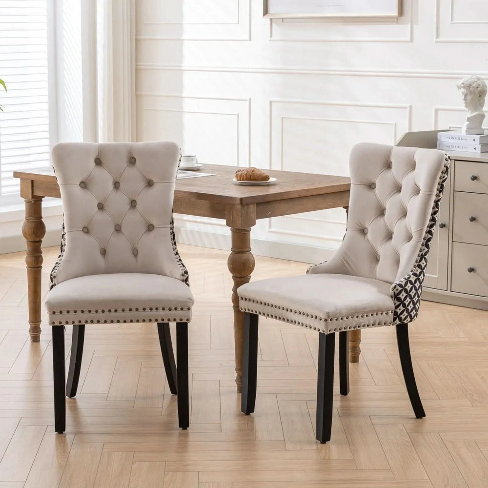 Velvet Dining Chairs Tufted Wood Frame Nailhead Trim Set Of 2 Beige & Patterned Media 16