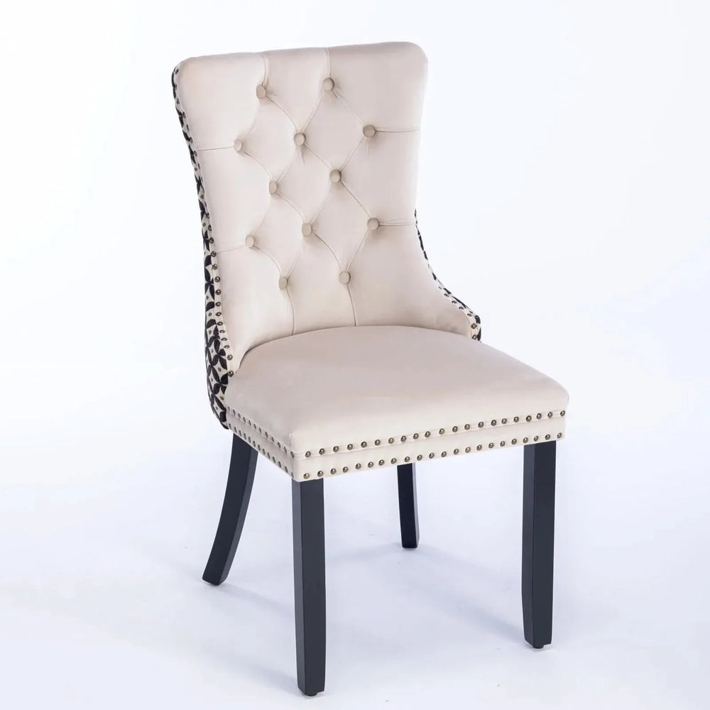 Velvet Dining Chairs Tufted Wood Frame Nailhead Trim Set Of 2 Beige & Patterned Media 4