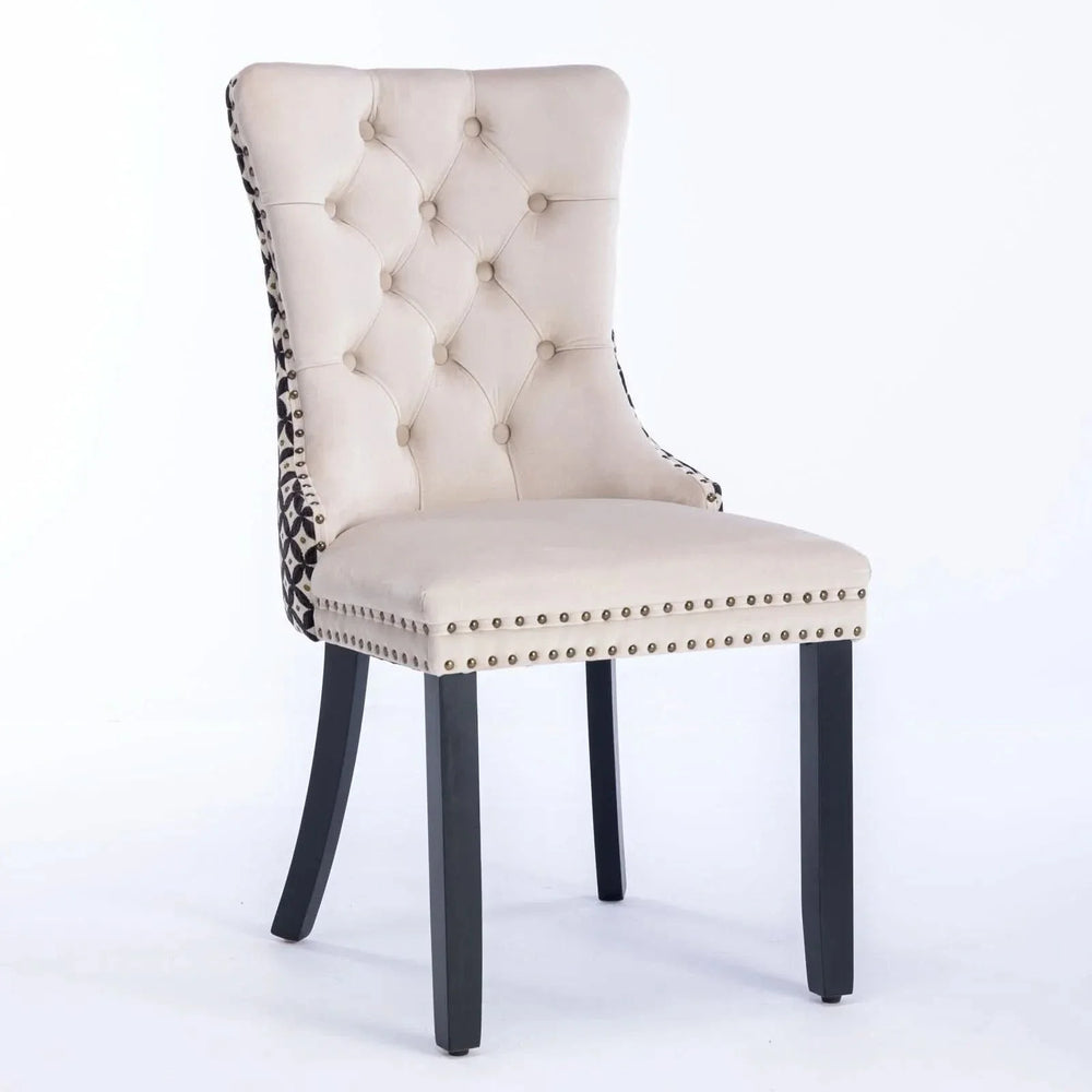 Velvet Dining Chairs Tufted Wood Frame Nailhead Trim Set Of 2 Beige & Patterned Media 3