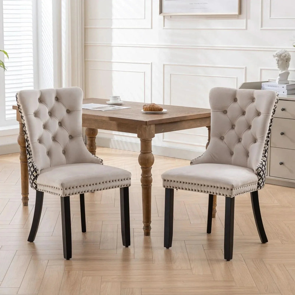 Velvet Dining Chairs Tufted Wood Frame Nailhead Trim Set Of 2 Beige & Patterned Media 14