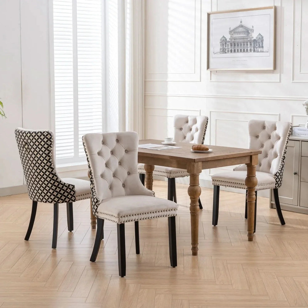 Velvet Dining Chairs Tufted Wood Frame Nailhead Trim Set Of 2 Beige & Patterned Media 18