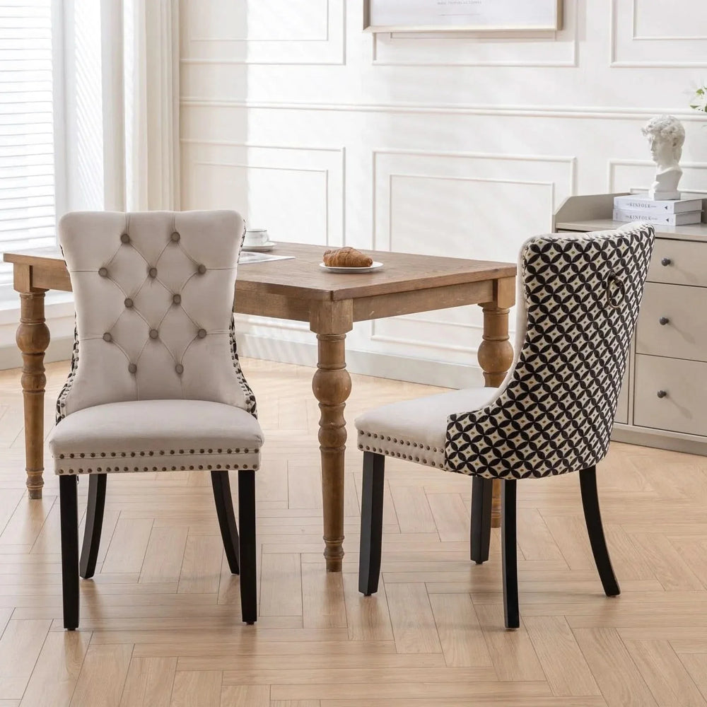 Velvet Dining Chairs Tufted Wood Frame Nailhead Trim Set Of 2 Beige & Patterned Media 17