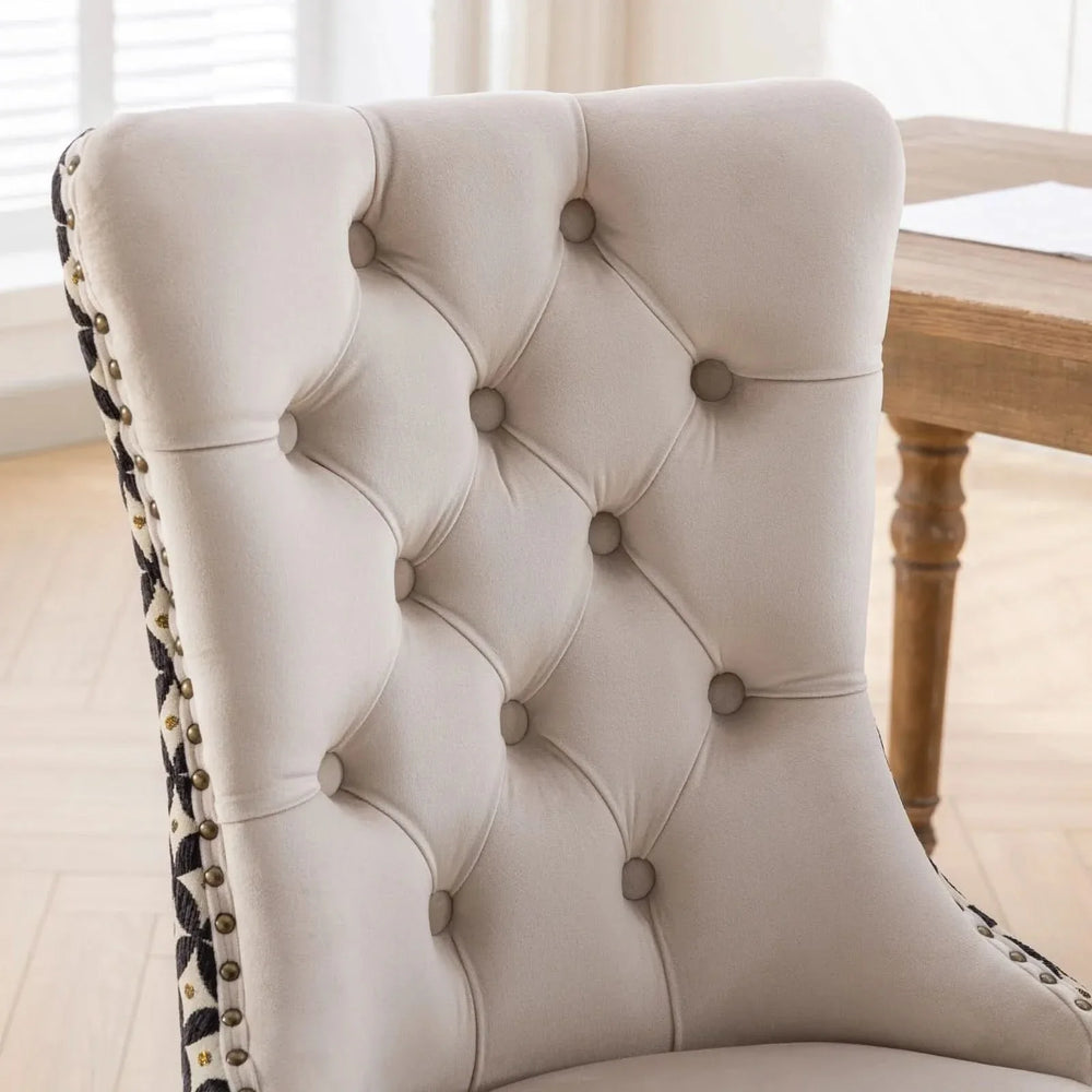 Velvet Dining Chairs Tufted Wood Frame Nailhead Trim Set Of 2 Beige & Patterned Media 9