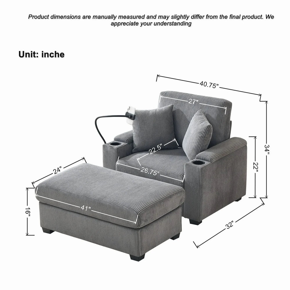Corduroy Lounge Chair Oversized With Ottoman & Storage Grey Living Room Media 4