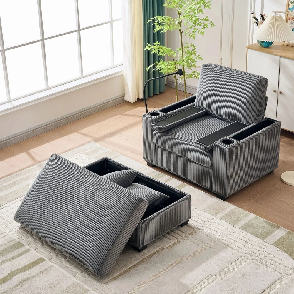 Corduroy Lounge Chair Oversized With Ottoman & Storage Grey Living Room Media 8