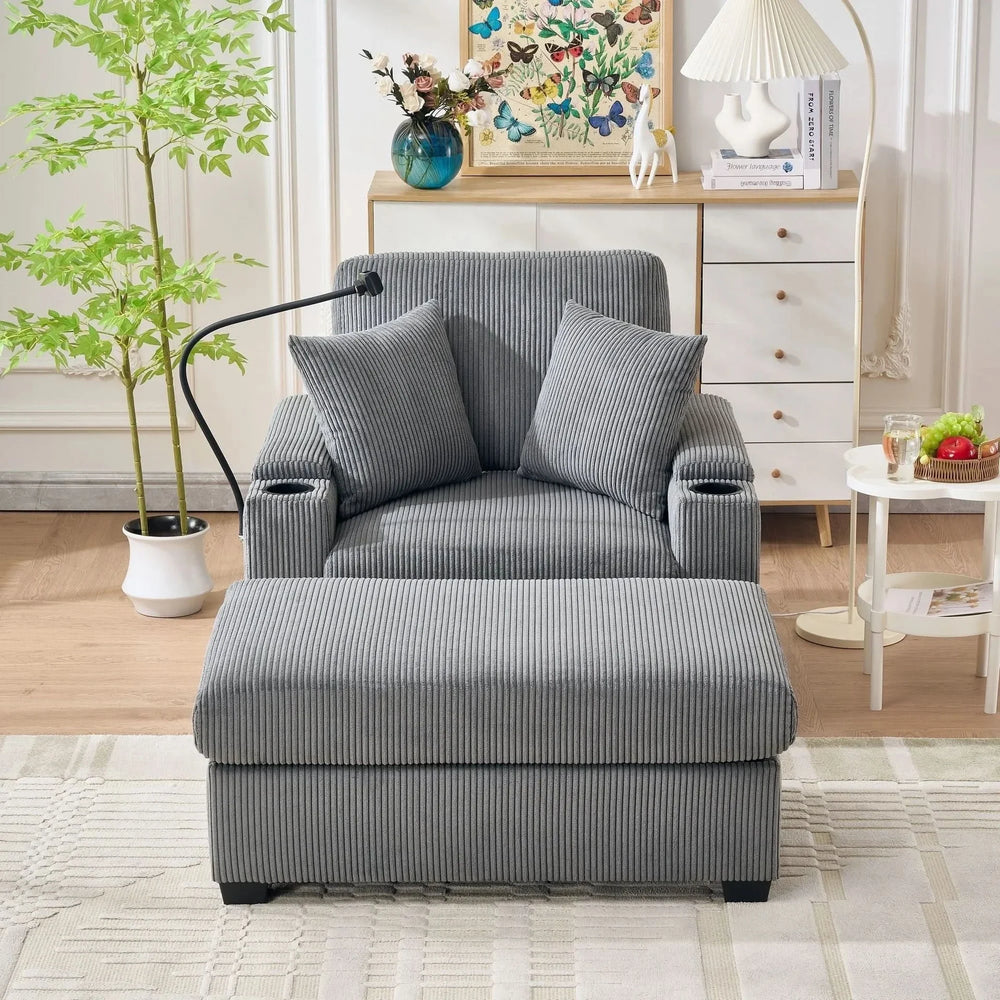 Corduroy Lounge Chair Oversized With Ottoman & Storage Grey Living Room Media 5