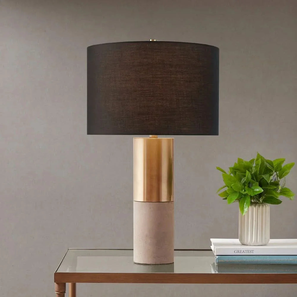 Concrete Table Lamp with Brass Base & Black Drum Shade Living Room Media 7