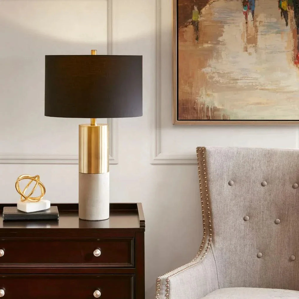 Concrete Table Lamp with Brass Base & Black Drum Shade Living Room Media 4